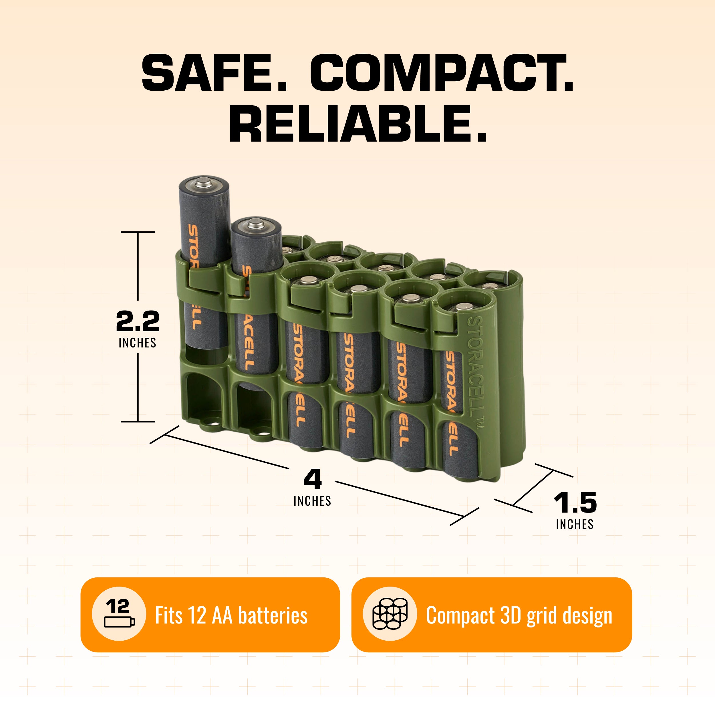 Storacell 12AAMG AA Battery Caddy – Holds 12 AA Batteries, Military Green, 2-Pack – Patented Locking System, Terminal Protection, Made In USA
