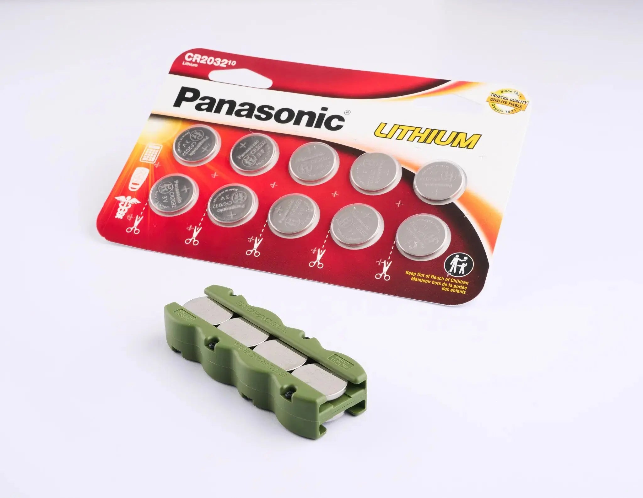 Magnetic Button Caddy 8pk Military Green + Panasonic CR2032 10pk Storacell